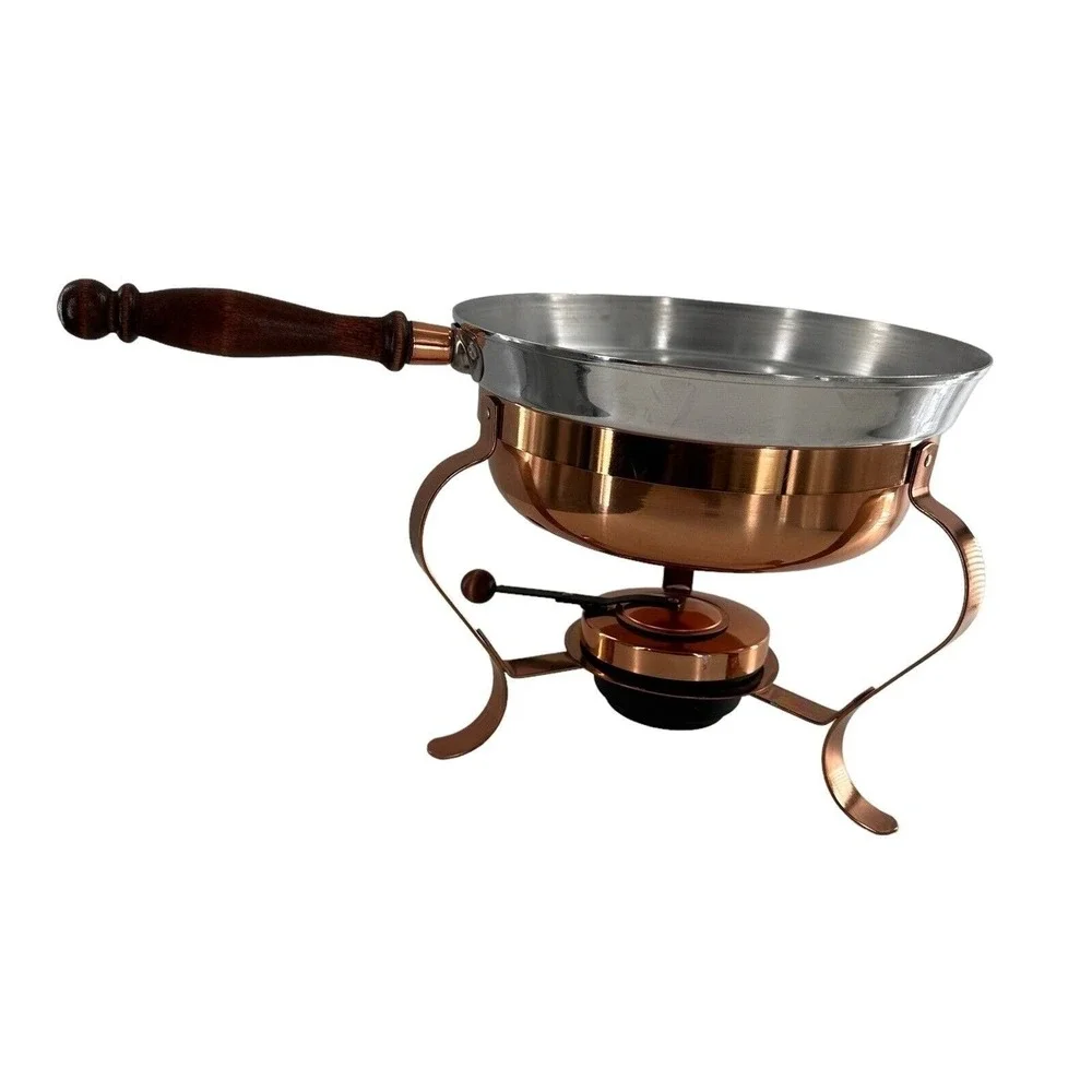 Iron and Copper Chafing‎ Dish Fondue Pan Set Wooden Handle Lightweight No Lid